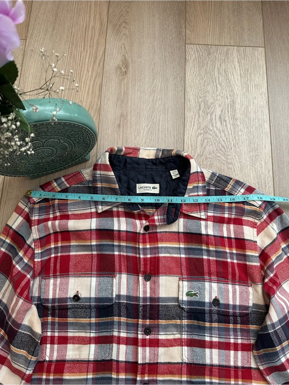 Lacoste Red Navy Plaid Button-Down Shirt classic fit Size L - Picture 10 of 10